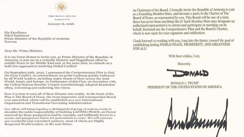 Նիկոլ Փաշինյանը ստացել է ԱՄՆ նախագահ Դոնալդ Թրամփի պաշտոնական հրավերը՝ Խաղաղության խորհրդին որպես հիմնադիր անդամ միանալու վերաբերյալ