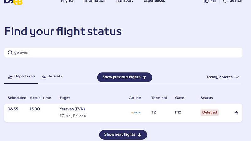 Ռմբակոծությունների հետևանքով հետաձգվել է FlyDubai-ի Դուբայ-Երևան թռիչքը. ԱԳՆ